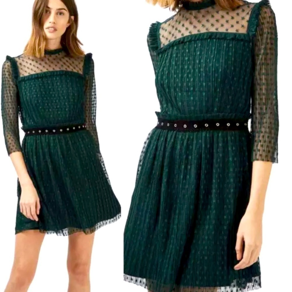 Topshop Green Star Mesh Dress Size 8 Skater Romantic Ruffles Emerald Kelly Green